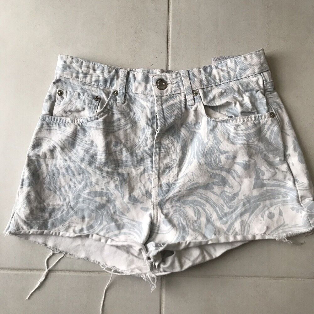 Zara Denim Shorts High Rise Print Button Fly Cut Off Summer Festival Beach